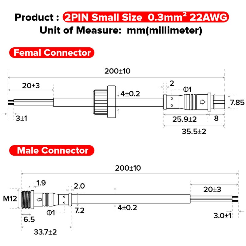 BTF-LIGHTING موصل كهربائي BTF-LIGHTING 2 دبوس 22AWG IP65 موصل ذكر وأنثى 7.87 بوصة/20 سم كابل تمديد للسيارة، الشاحنة، القارب، أضواء شريط LED داخلية/خارجية 15 مم صمولة صغيرة الحجم 5 أزواج - Image 5